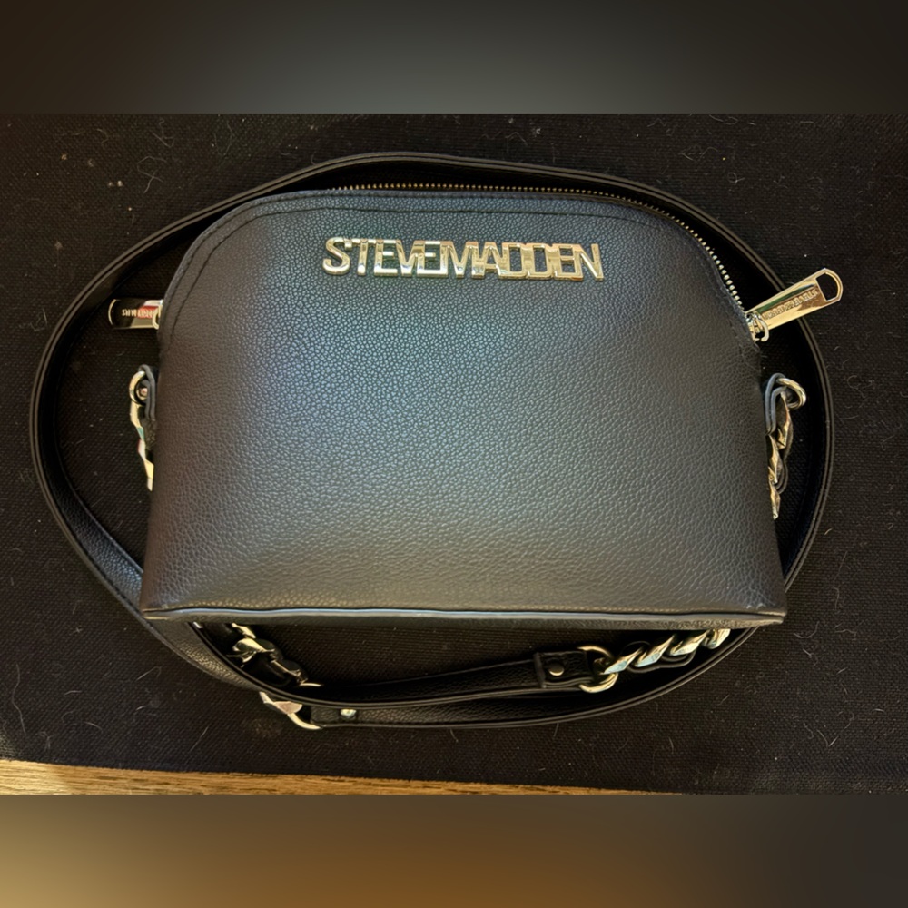 Steve Madden Black Leather Crossbody with Silver Accents